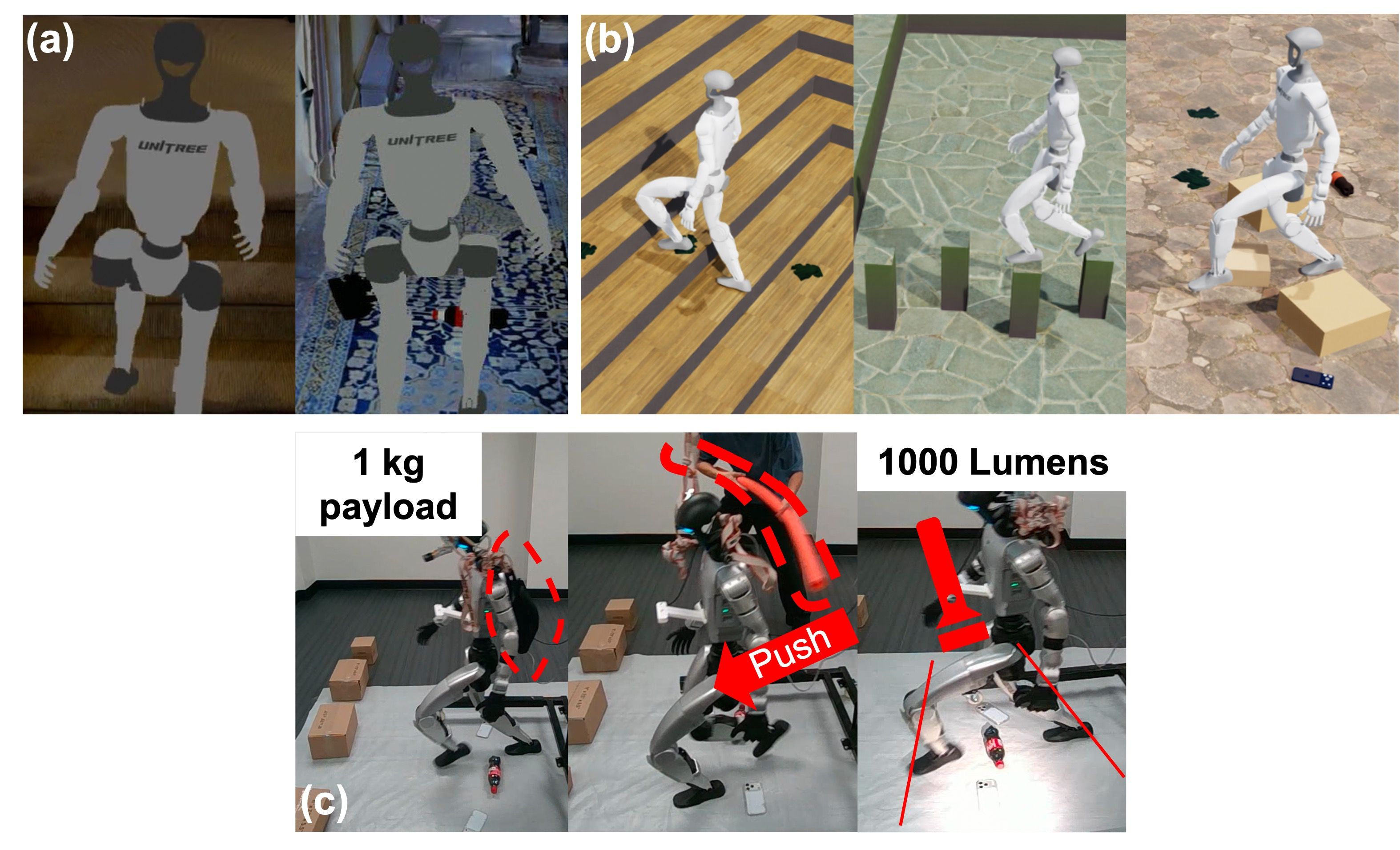 Test environments: navigation scenes, simulated locomotion terrains and real-world payload, push and lighting conditions